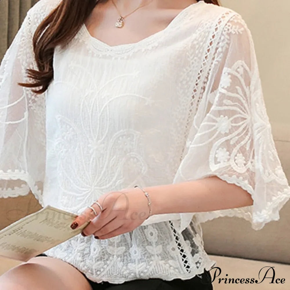 Sweet Spring Lace Fashion and Women's Warm-Season Out Hollow White Blouse Top image 1