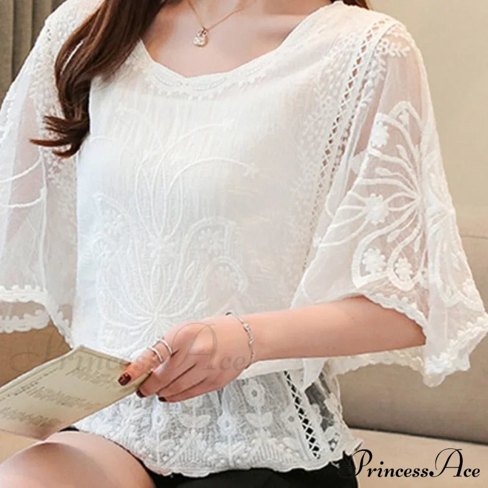 Sweet Spring Lace Fashion and Women's Warm-Season Out Hollow White Blouse Top image 9