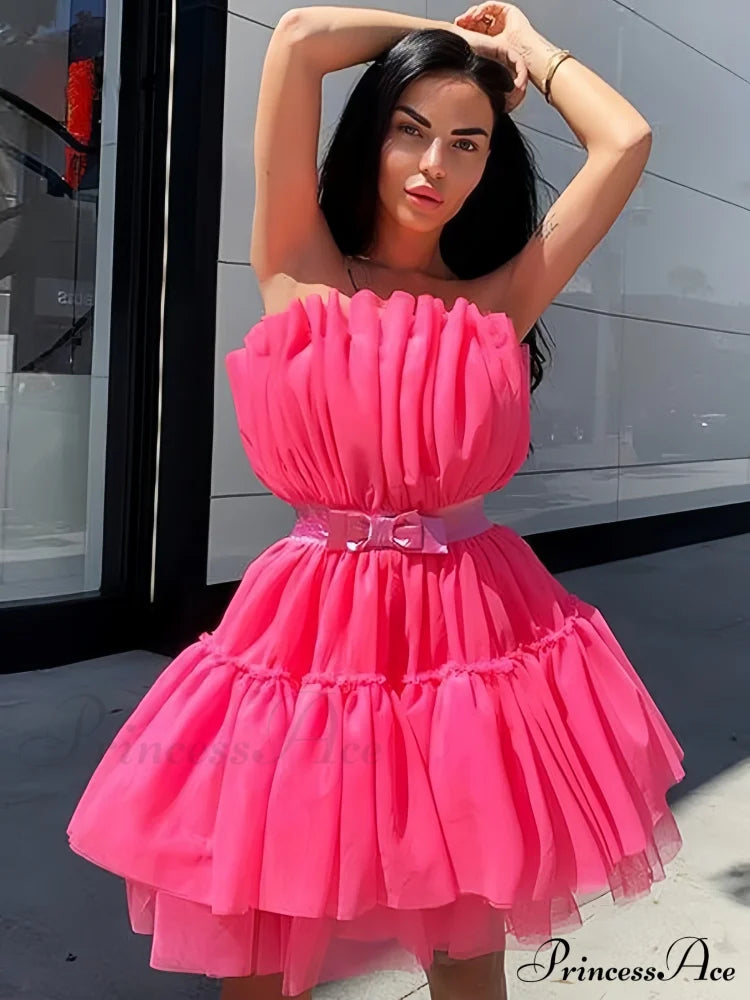 Sweet Women's Mini Party Dress - Hot Pink image 1