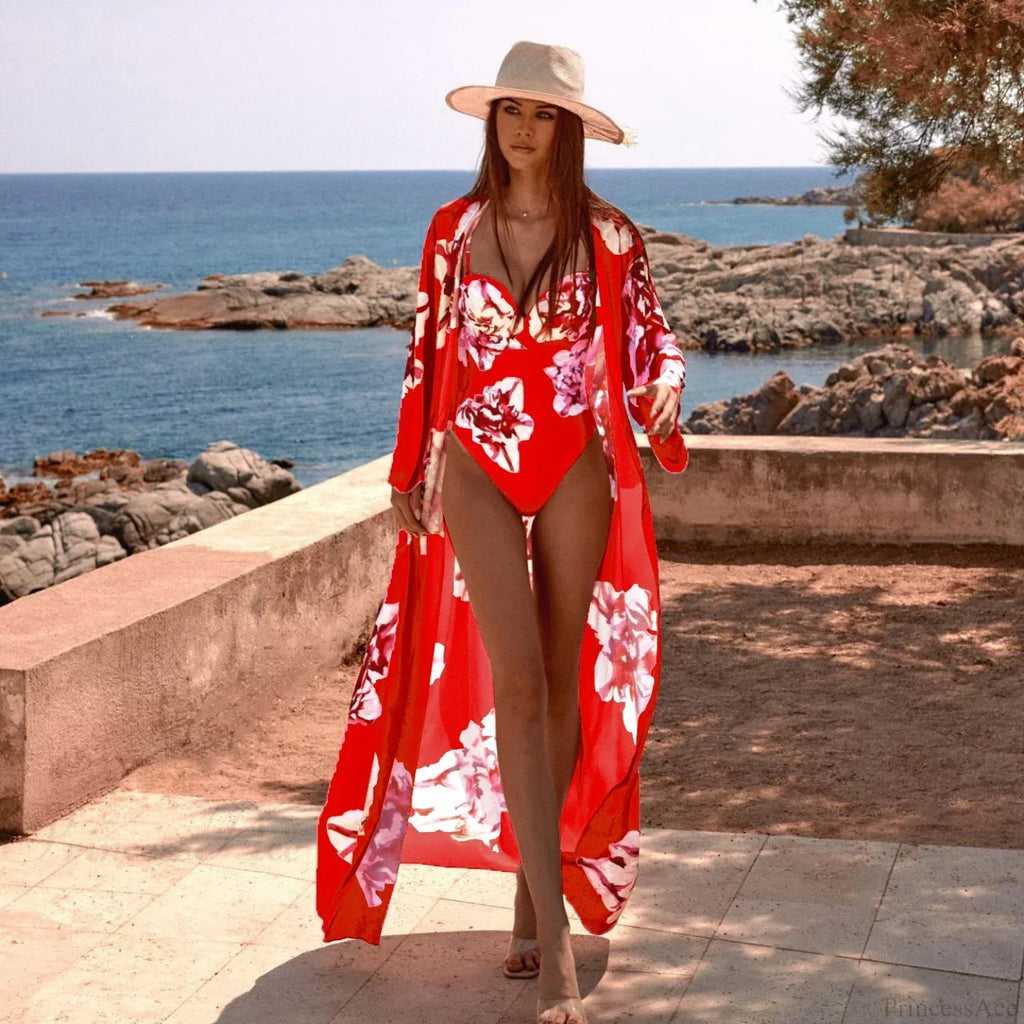 Swimwear with Kimono One Piece Swimsuit Three Piece Set image 3