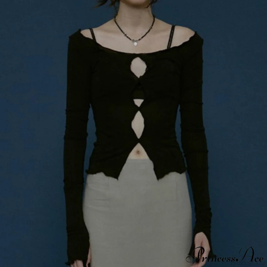 T-Shirt Arm Long for Hollow Top O-Neck Spring Casual Solid Out Women image 1