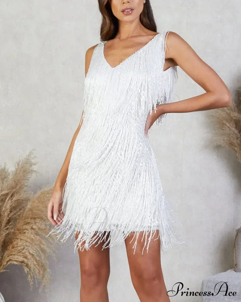 Tassel Sequins White Mini Dress image 7