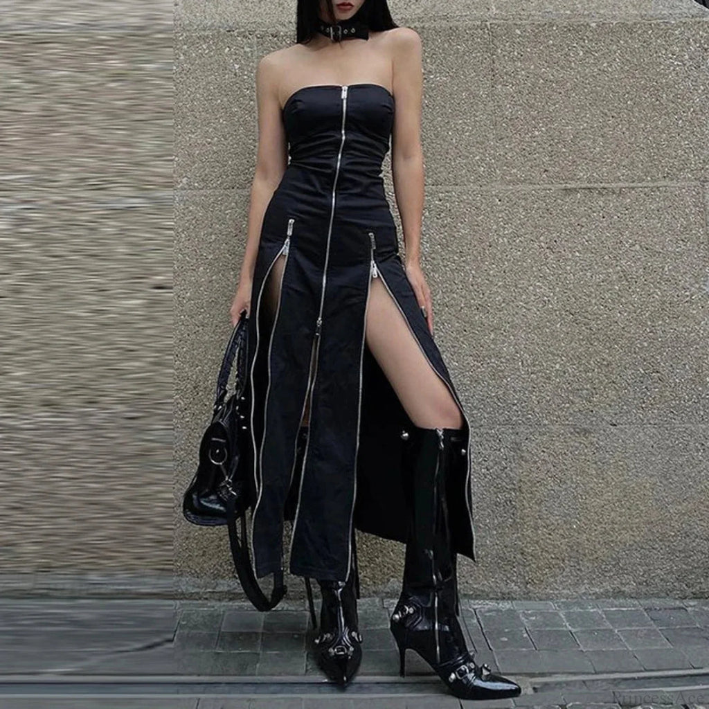 Technical Zip Up Split Ebony Midi Dress image 1