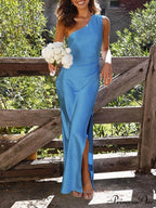 Temperament Slim Fit One Shoulder Split Satin Dress image 4