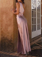 Temperament Slim Fit One Shoulder Split Satin Dress image 2