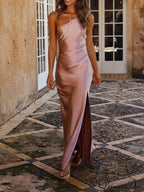 Temperament Slim Fit One Shoulder Split Satin Dress image 3