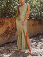 Temperament Slim Fit One Shoulder Split Satin Dress image 10
