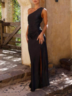 Temperament Slim Fit One Shoulder Split Satin Dress image 8