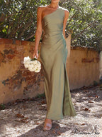 Temperament Slim Fit One Shoulder Split Satin Dress image 12