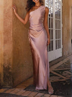 Temperament Slim Fit One Shoulder Split Satin Dress image 1