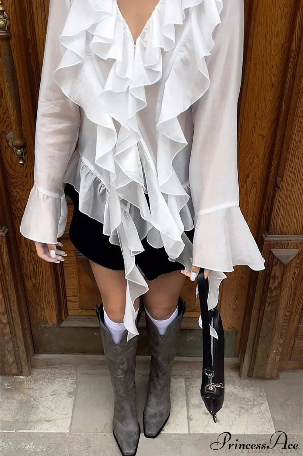 Tencel Ruffled V Neck Flared Sleeve Blouse image 3