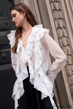Tencel Ruffled V Neck Flared Sleeve Blouse image 1