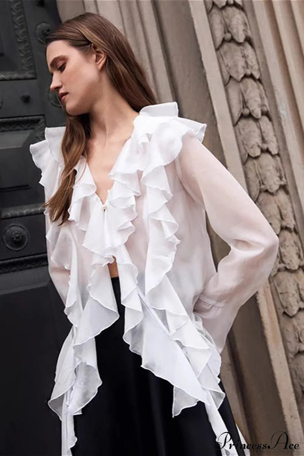 Tencel Ruffled V Neck Flared Sleeve Blouse image 1