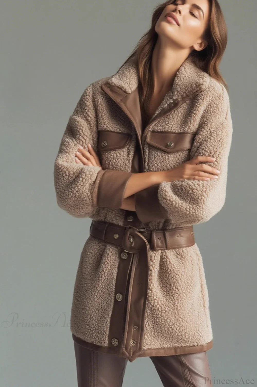 Thick Fleece PU Panel Pocket Belted Retro Coat image 3