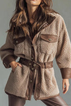 Thick Fleece PU Panel Pocket Belted Retro Coat image 2