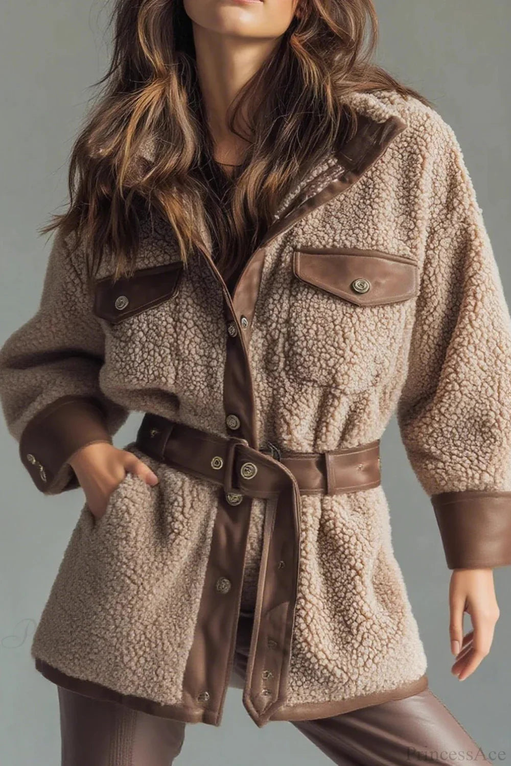Thick Fleece PU Panel Pocket Belted Retro Coat image 2
