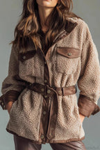 Thick Fleece PU Panel Pocket Belted Retro Coat image 1