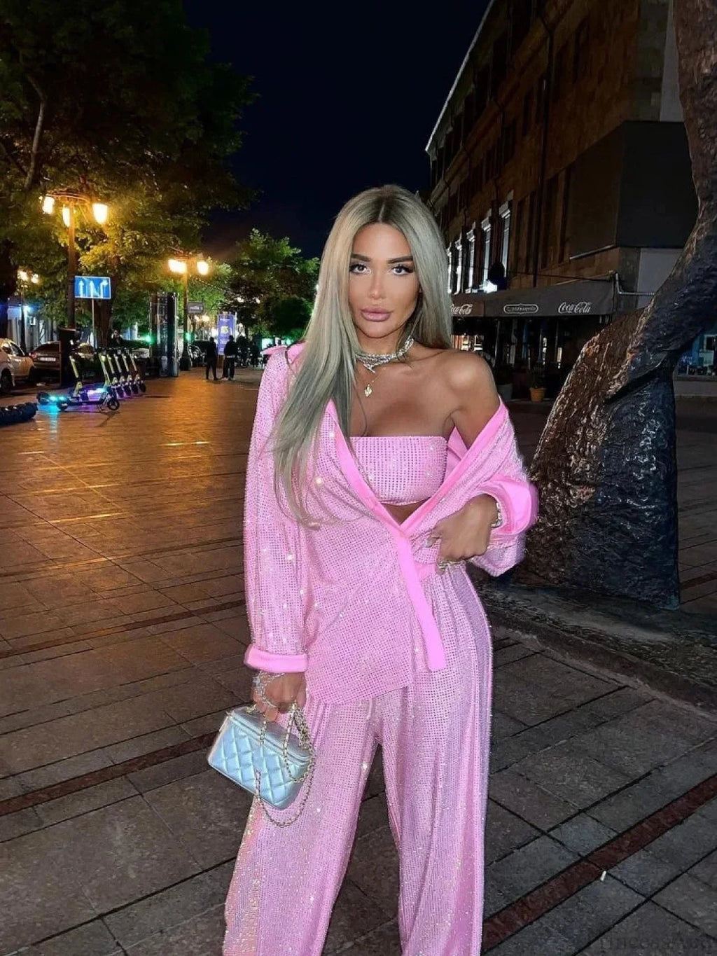 Three Piece Pants Set Sexy Sparkle Diamonds Long Sleeve Pink Party Dress image 3