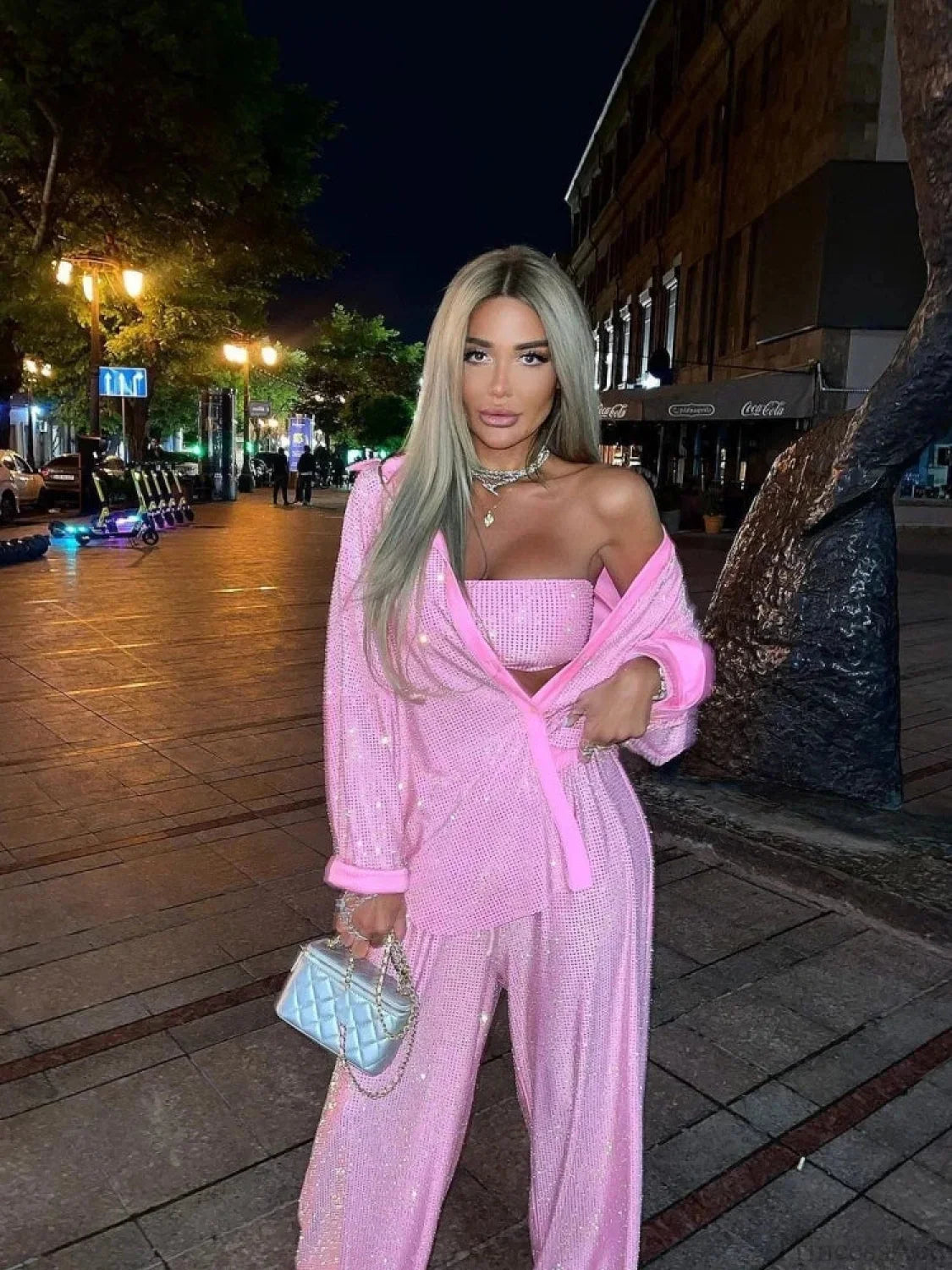 Three Piece Pants Set Sexy Sparkle Diamonds Long Sleeve Pink Party Dress image 3