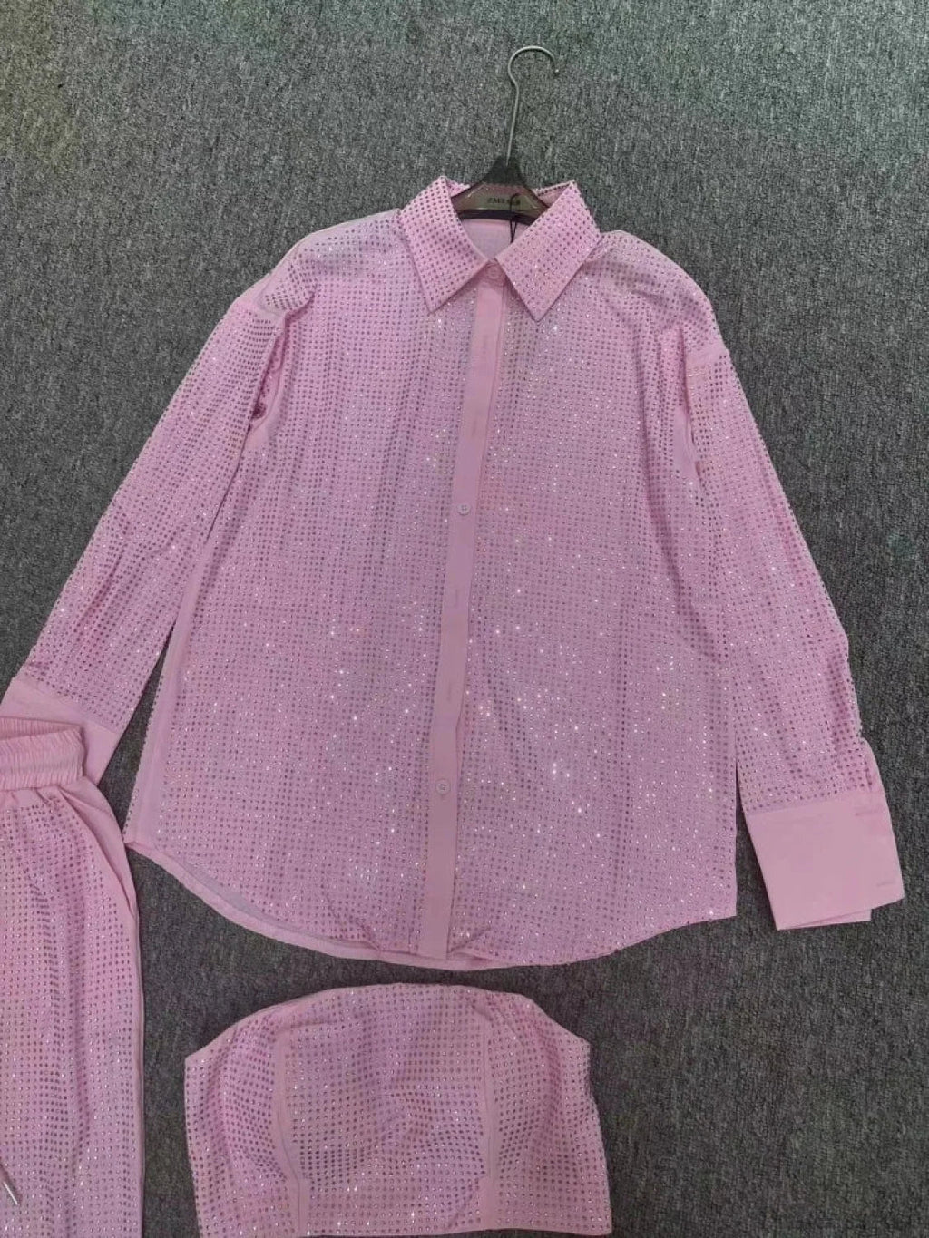 Three Piece Pants Set Sexy Sparkle Diamonds Long Sleeve Pink Party Dress image 5