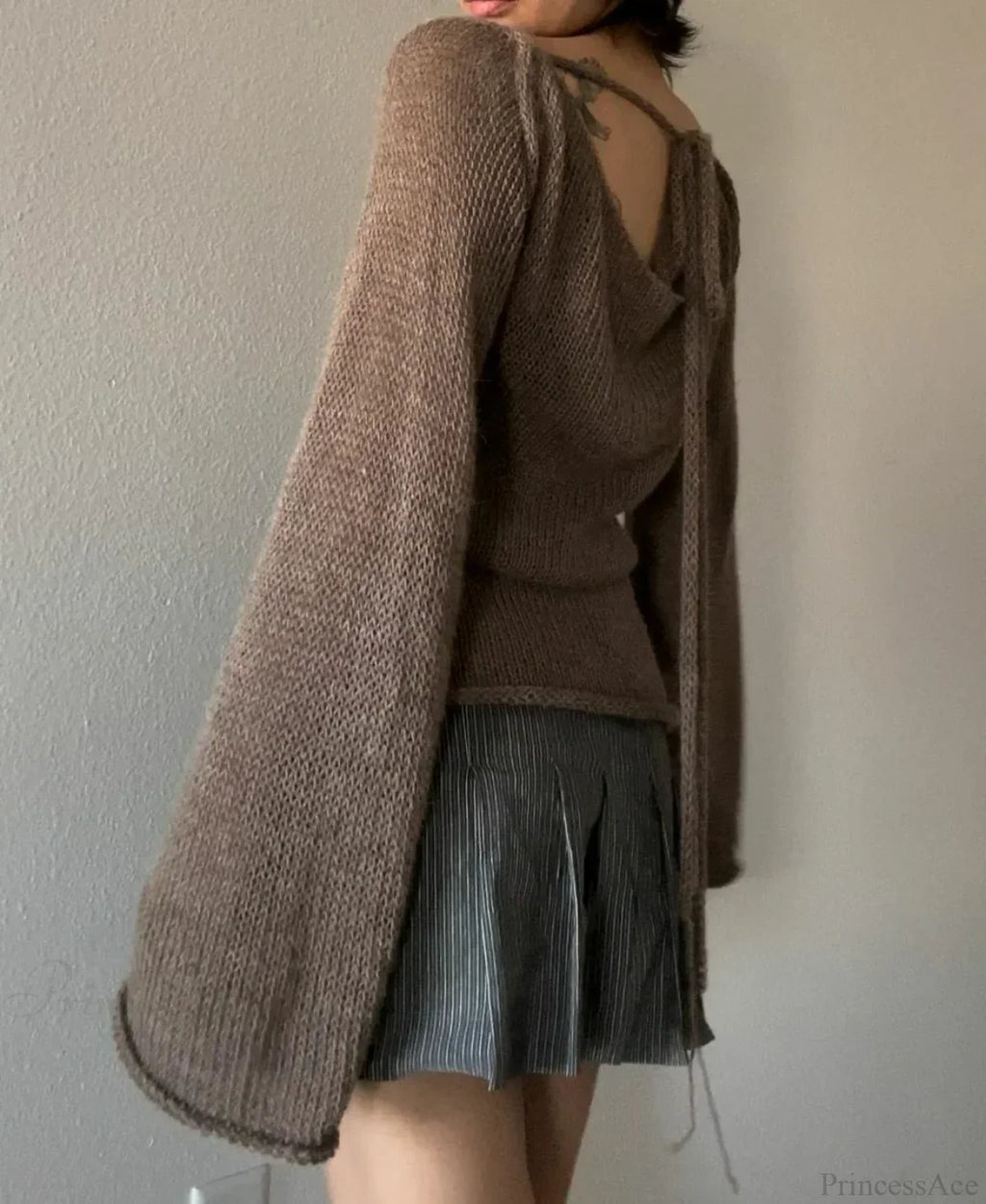 Tie Back Boat Neck Solid Color Sweater image 2