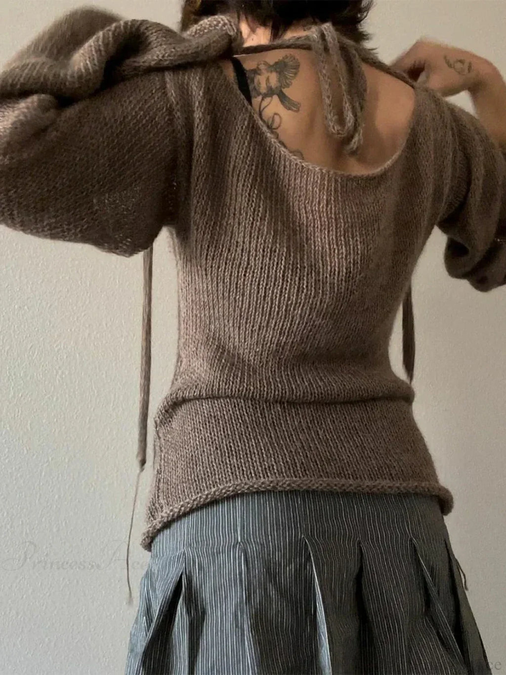 Tie Back Boat Neck Solid Color Sweater image 1