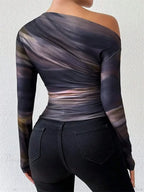 Tie-dye One Shoulder Slim Fit Long Sleeve Knit Top image 2