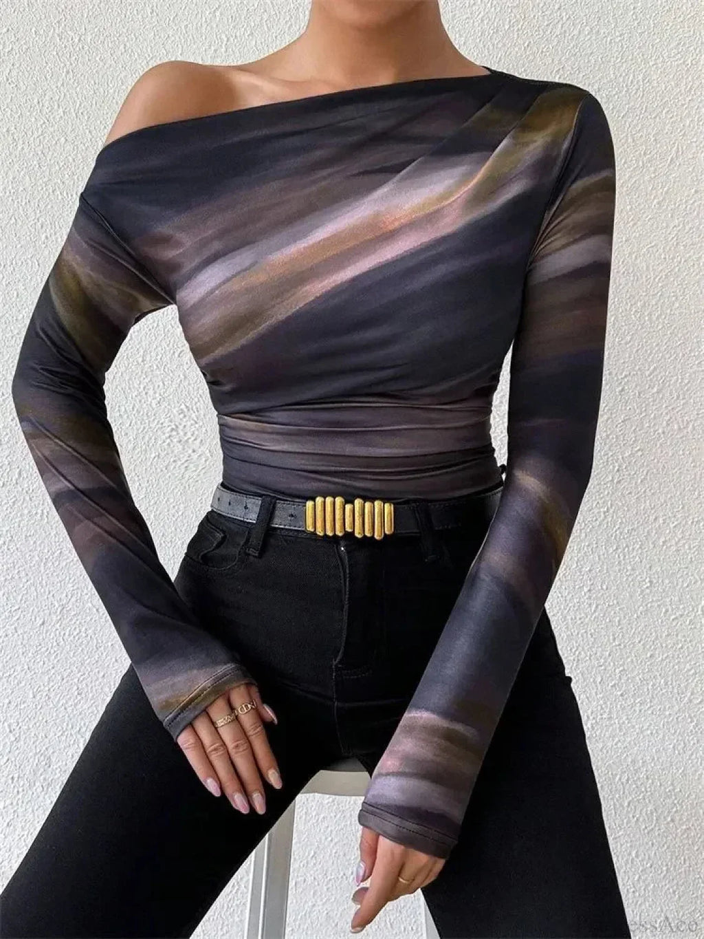 Tie-dye One Shoulder Slim Fit Long Sleeve Knit Top image 6