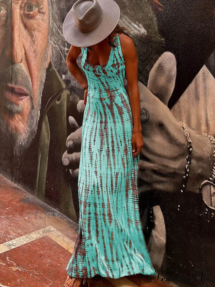 Tie-dye Print Back Charming Lace-up Stretch Maxi Dress image 3