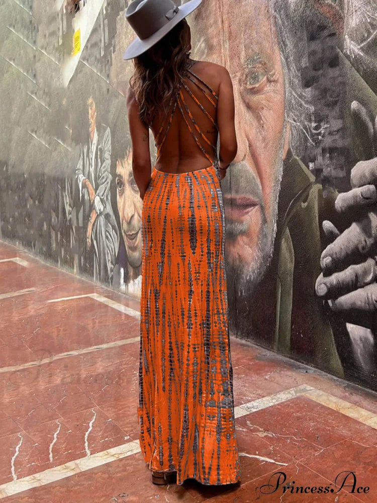Tie-dye Print Back Charming Lace-up Stretch Maxi Dress image 8