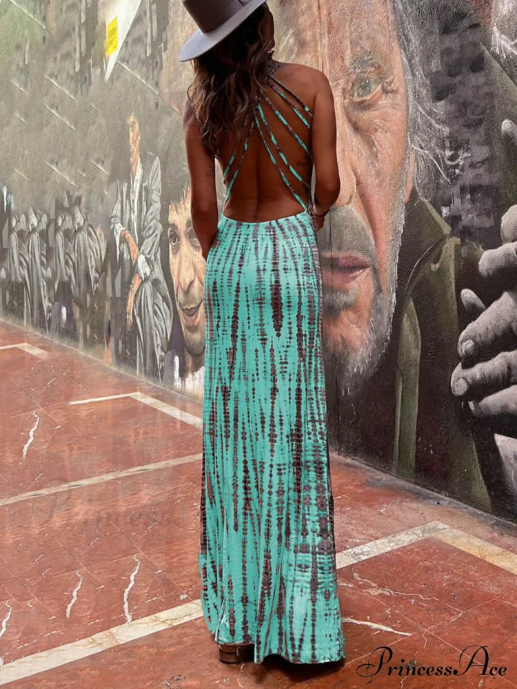 Tie-dye Print Back Charming Lace-up Stretch Maxi Dress image 4