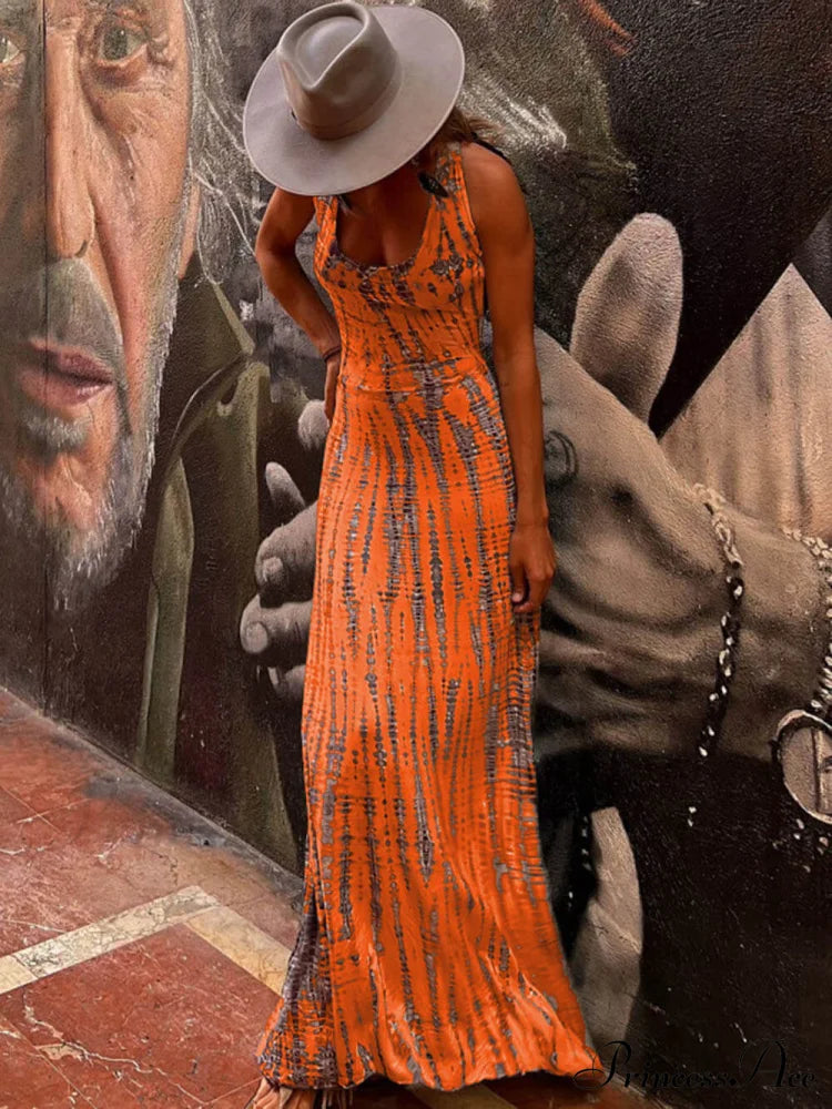Tie-dye Print Back Charming Lace-up Stretch Maxi Dress image 7
