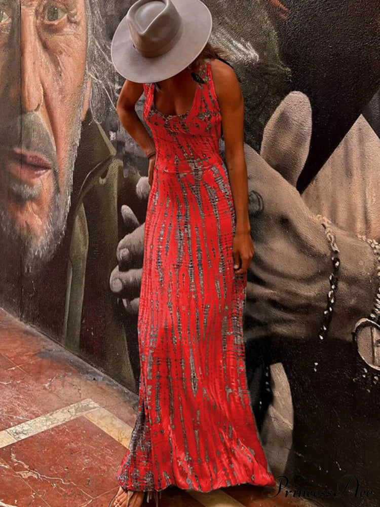 Tie-dye Print Back Charming Lace-up Stretch Maxi Dress image 5