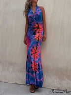 Tie-Dye Print Halter Charming Backless Stretch Maxi Dress image 1