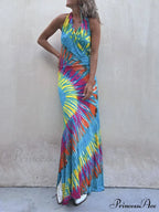 Tie-Dye Print Halter Charming Backless Stretch Maxi Dress image 3