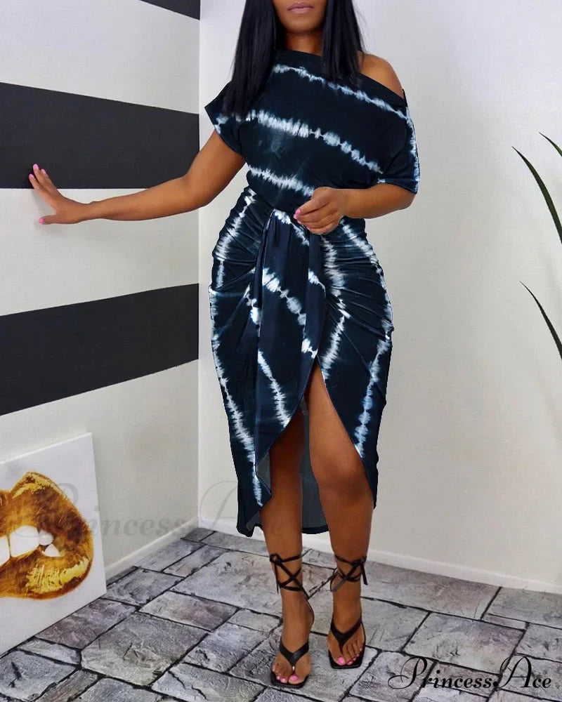 Tie Dye Print Ruched Slit Short Sleeve Casual Dress image 2