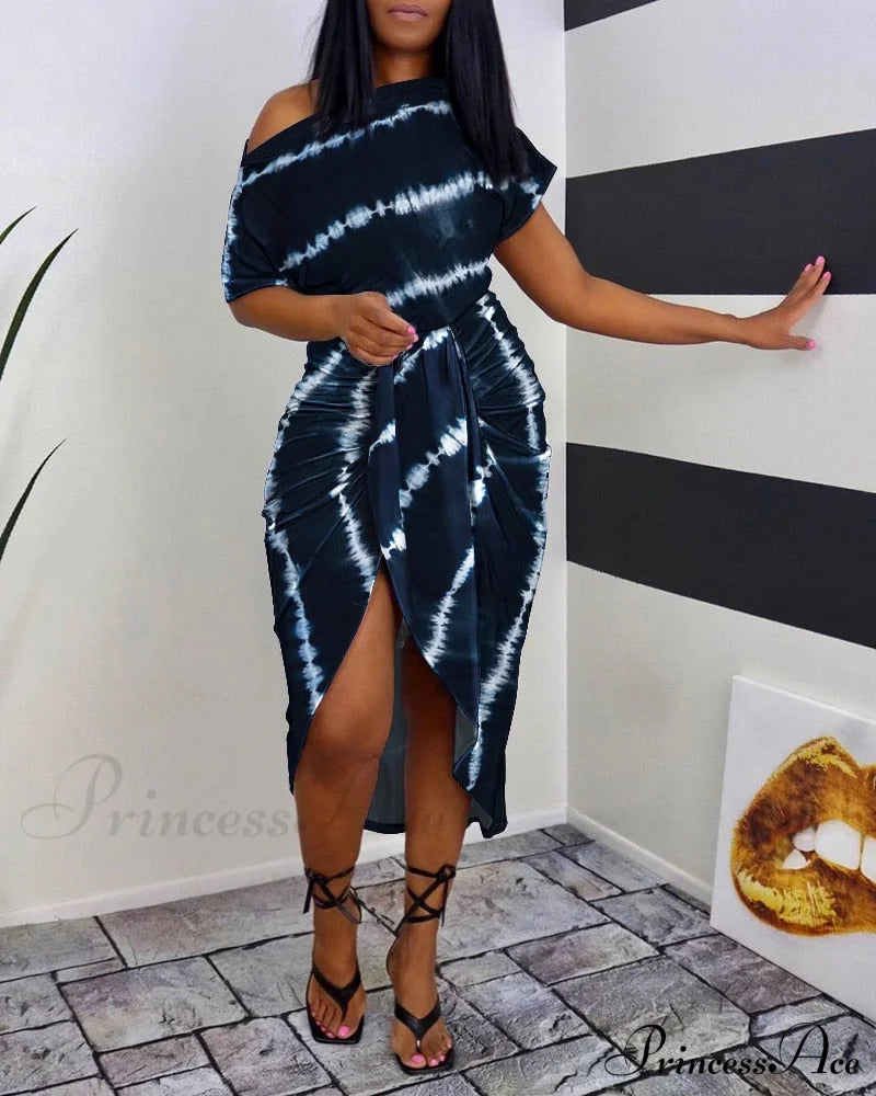Tie Dye Print Ruched Slit Short Sleeve Casual Dress image 4
