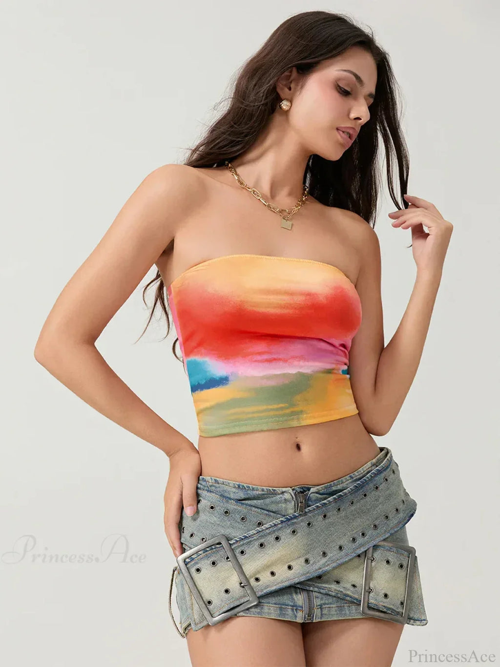 Tie-dyed Wrap Strapless Sleeveless Off-shoulder Tube Top image 3