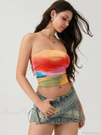 Tie-dyed Wrap Strapless Sleeveless Off-shoulder Tube Top image 2