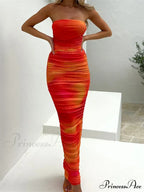 Tie Dyeing Print Strapless Tube for Women Sexy Off Shoulder Party Slim Ruched Female Vestidos image 1