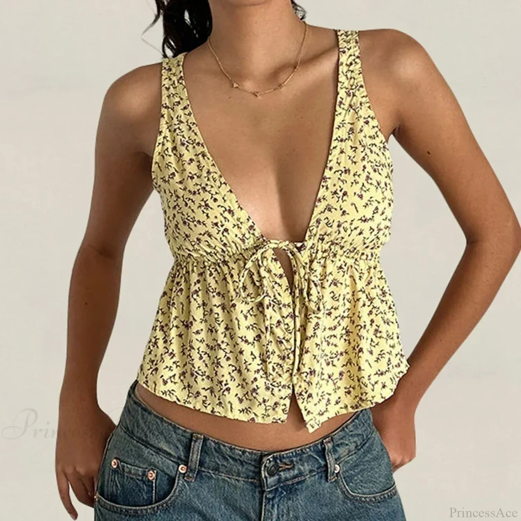 Tie Front Underbust Drawcord Floral Print V Neck Sleeveless Fairy Backless Crop Top image 6