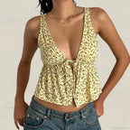 Tie Front Underbust Drawcord Floral Print V Neck Sleeveless Fairy Backless Crop Top image 6