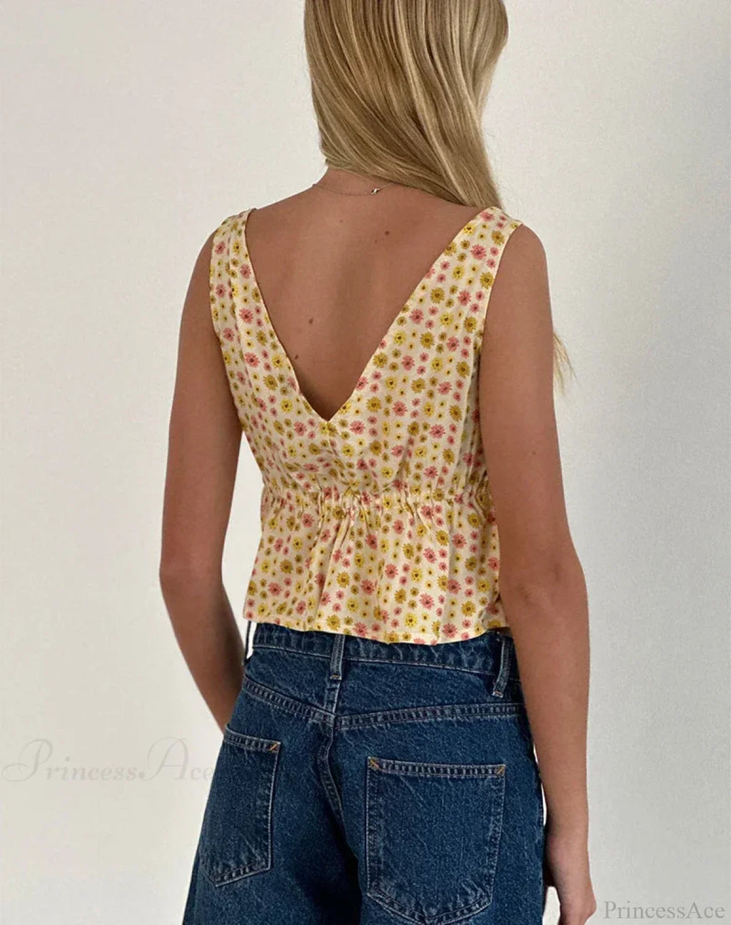Tie Front Underbust Drawcord Floral Print V Neck Sleeveless Fairy Backless Crop Top image 5