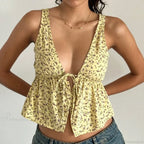 Tie Front Underbust Drawcord Floral Print V Neck Sleeveless Fairy Backless Crop Top image 1