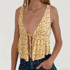 Tie Front Underbust Drawcord Floral Print V Neck Sleeveless Fairy Backless Crop Top image 2