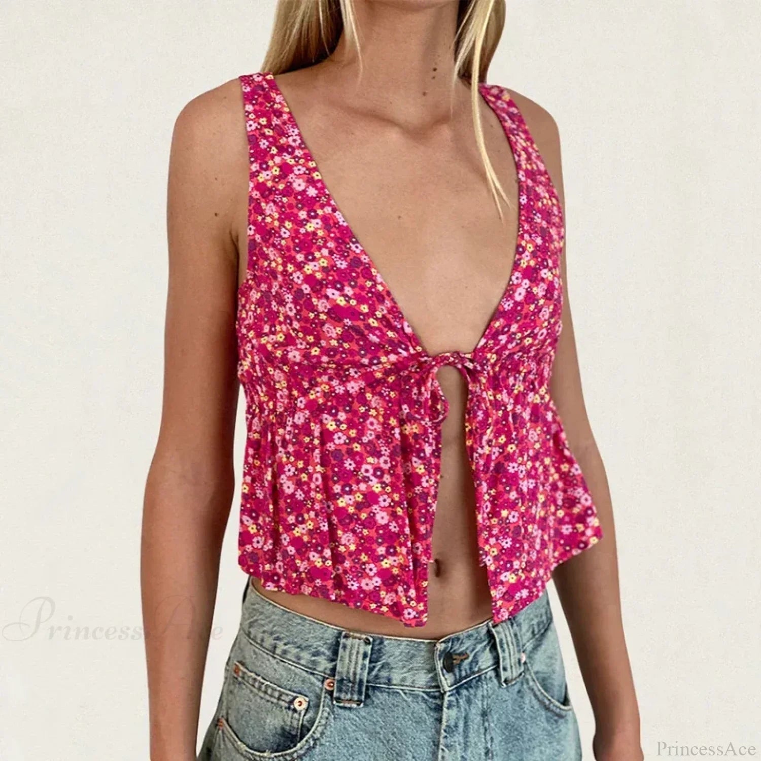 Tie Front Underbust Drawcord Floral Print V Neck Sleeveless Fairy Backless Crop Top image 3