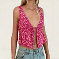 Tie Front Underbust Drawcord Floral Print V Neck Sleeveless Fairy Backless Crop Top image 7