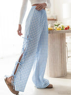 Tie-Up Plaid Stripe Loose Polyester Wide Leg Pant image 3