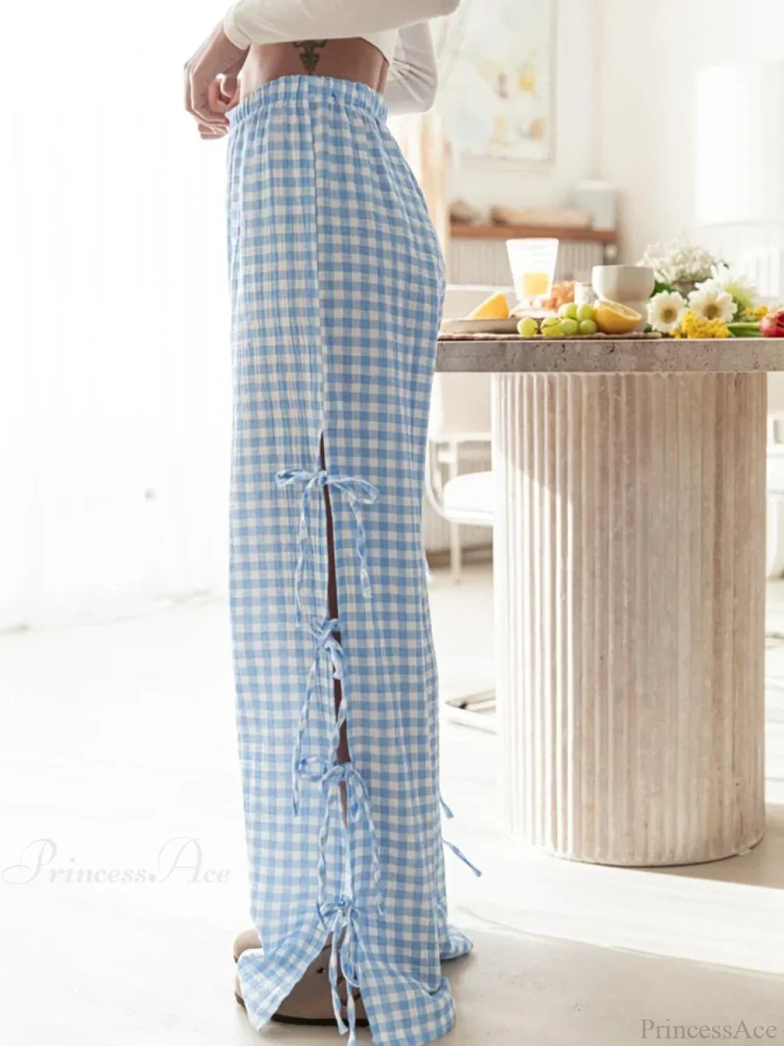 Tie-Up Plaid Stripe Loose Polyester Wide Leg Pant image 6