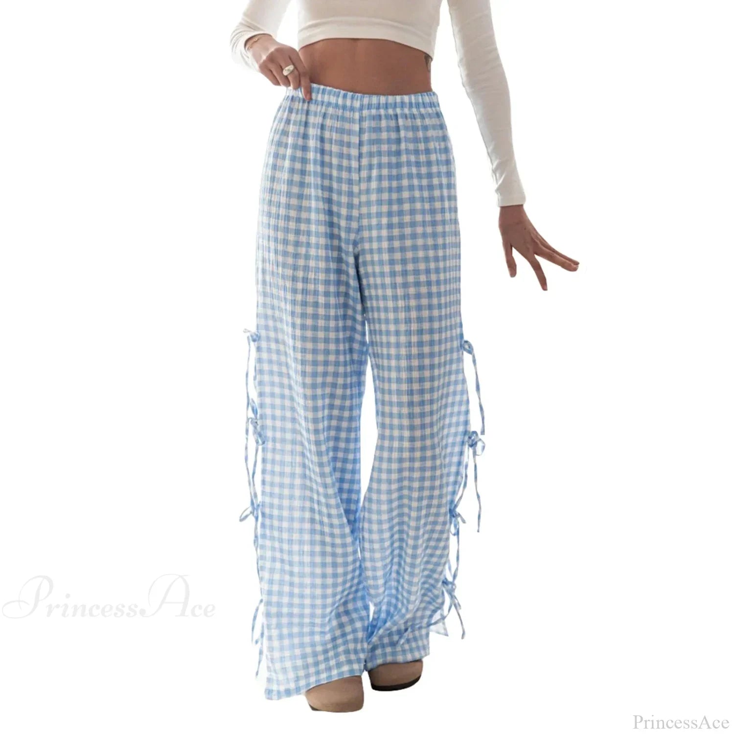 Tie-Up Plaid Stripe Loose Polyester Wide Leg Pant image 8